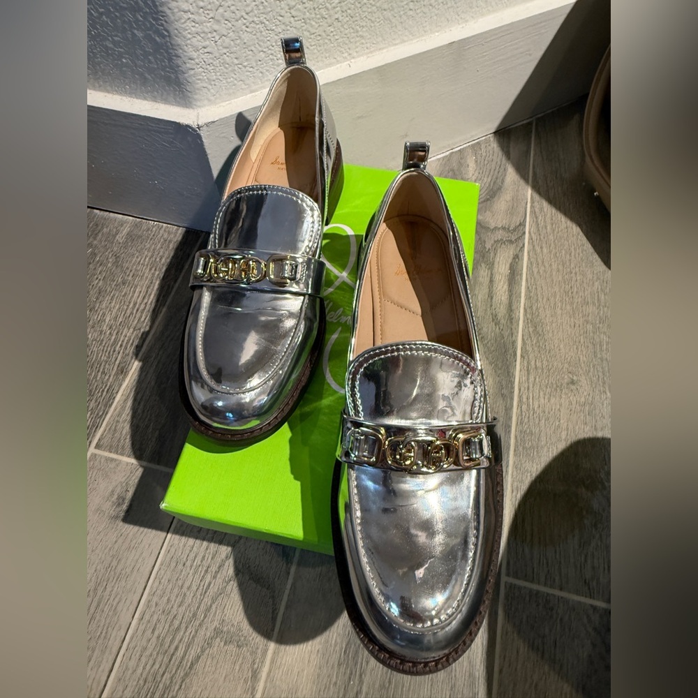 Sam Edelman Christy Silver Metallic Leather Women's Loafers with Chain Accent - Picture 3 of 9